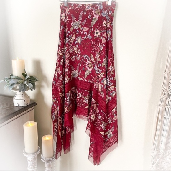 NWT BCBGMaxAzria Gypsy Red Floral High Low Flowy Skirt - Picture 2 of 12